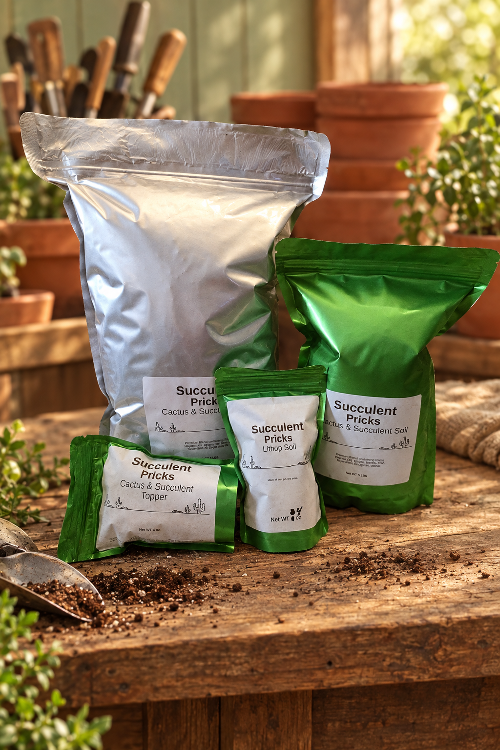 Succulent Pricks branded soil bags — Cactus & Succulent Soil, Lithop Soil, and Cactus & Succulent Topper — on a rustic potting bench